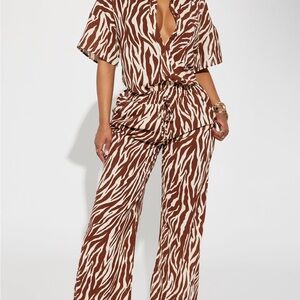 Fashion Nova Zebra Print Jumpsuit - Brown and White